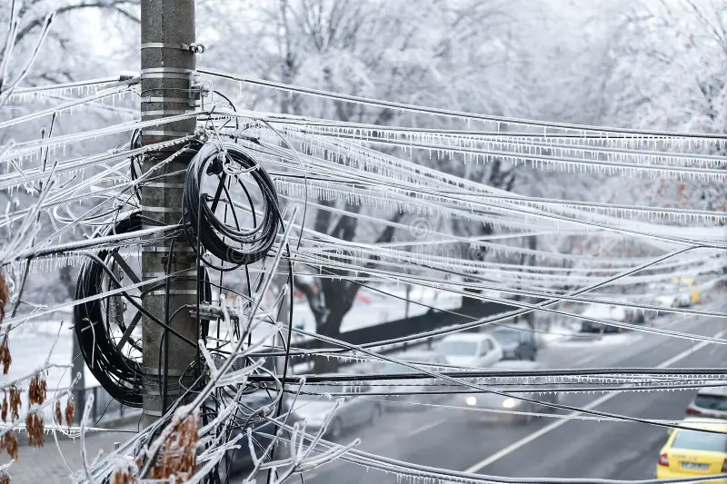 cables de la electricidad cubiertos en hielo despues lluvia congelada fenomeno congelado 139565178
