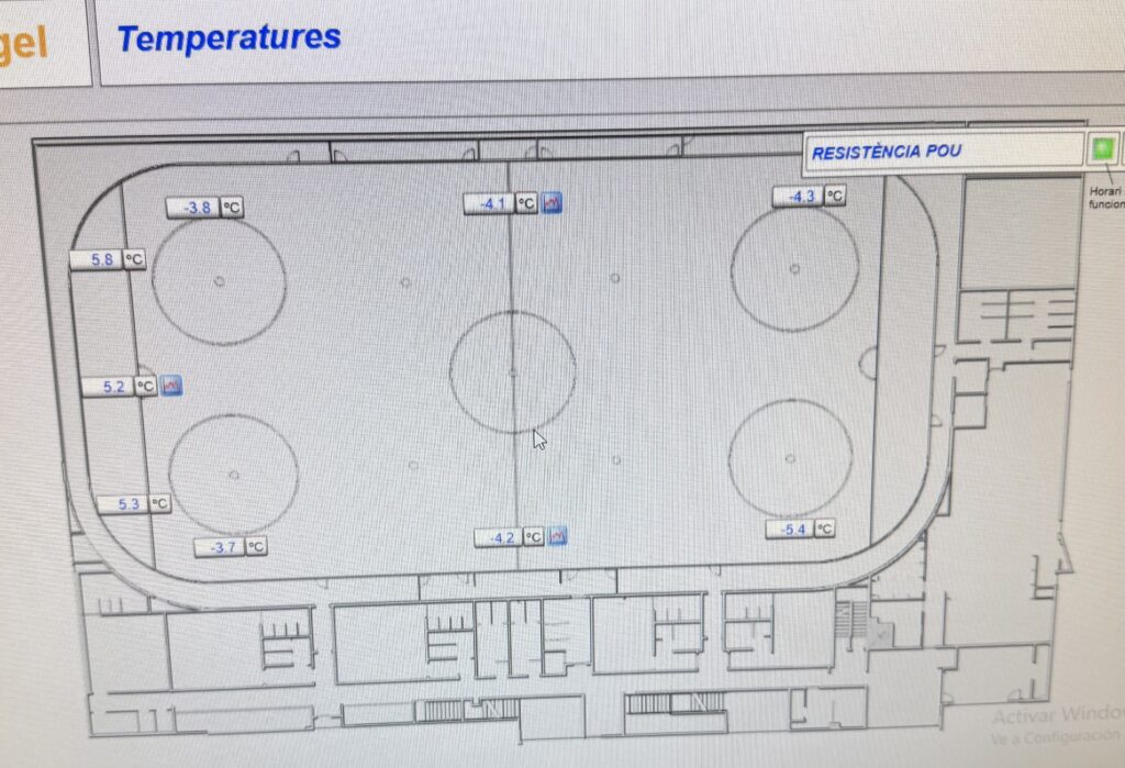 Pantalla de control monitorizando los sensores de temperatura de una pista de hielo