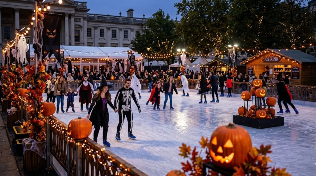 Pista de hielo exterior decorada para Halloween con calabazas iluminadas y patinadores disfrazados patinando de noche